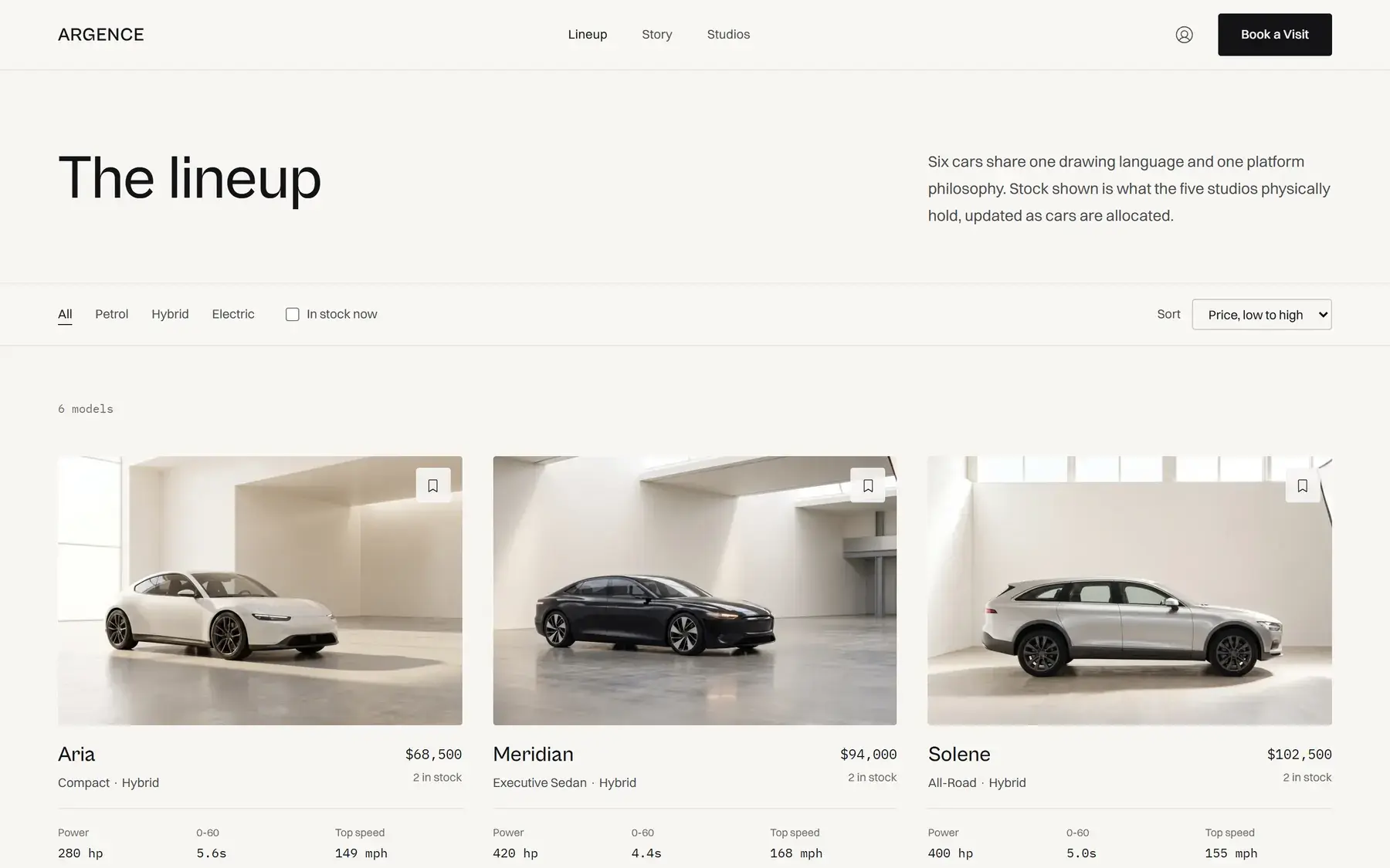 The Argence lineup page: six models in a grid with price, power, 0 to 60 and stock, filtered by fuel type.