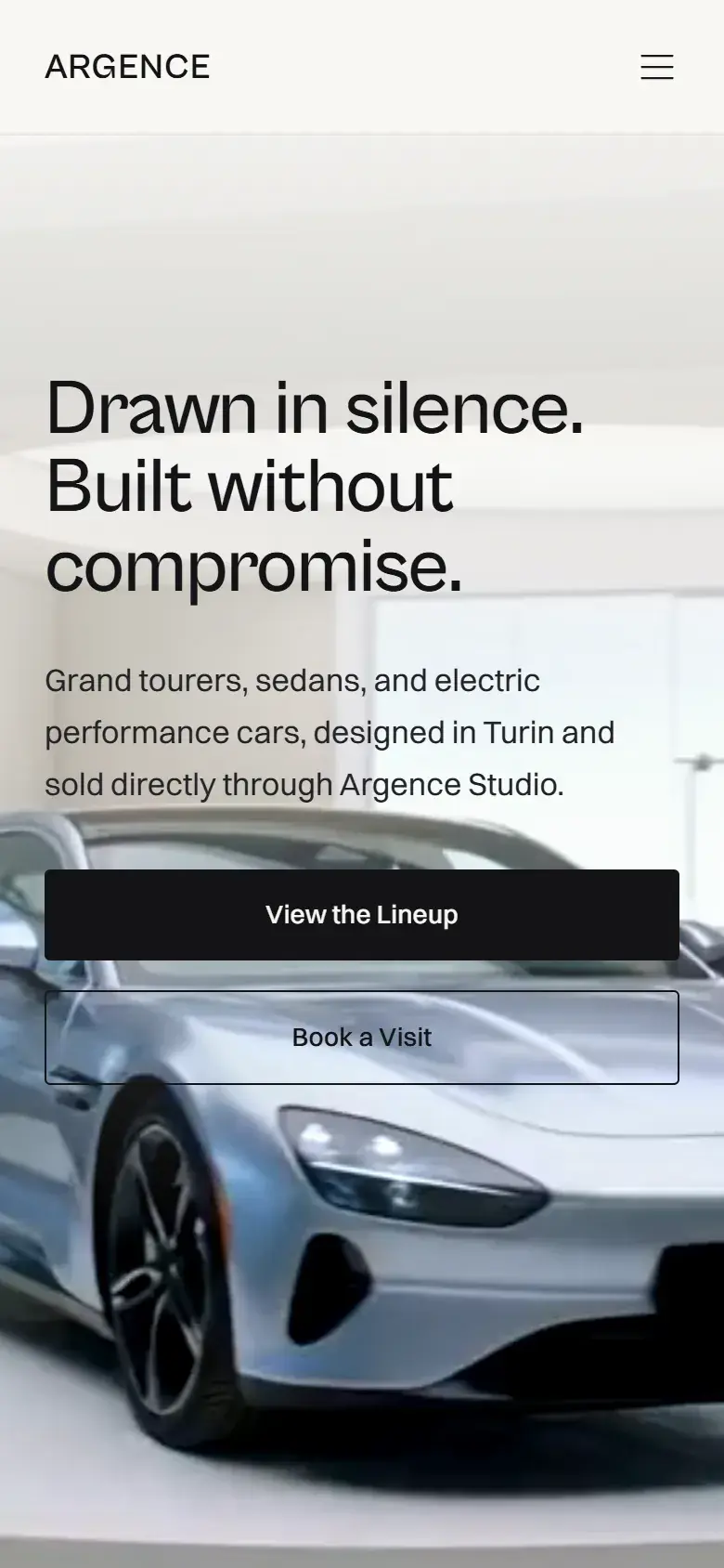 The Argence homepage on a phone, with the opening sequence running at phone width.