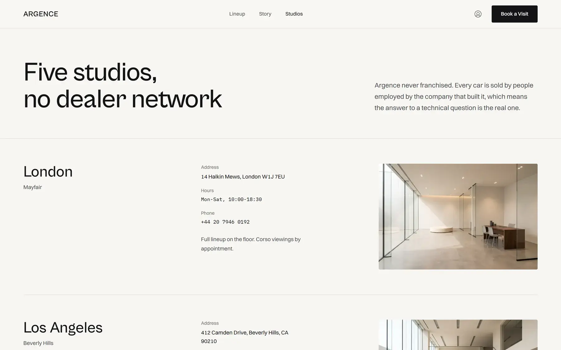 The Argence studios page, showing the five physical locations and what each one holds.