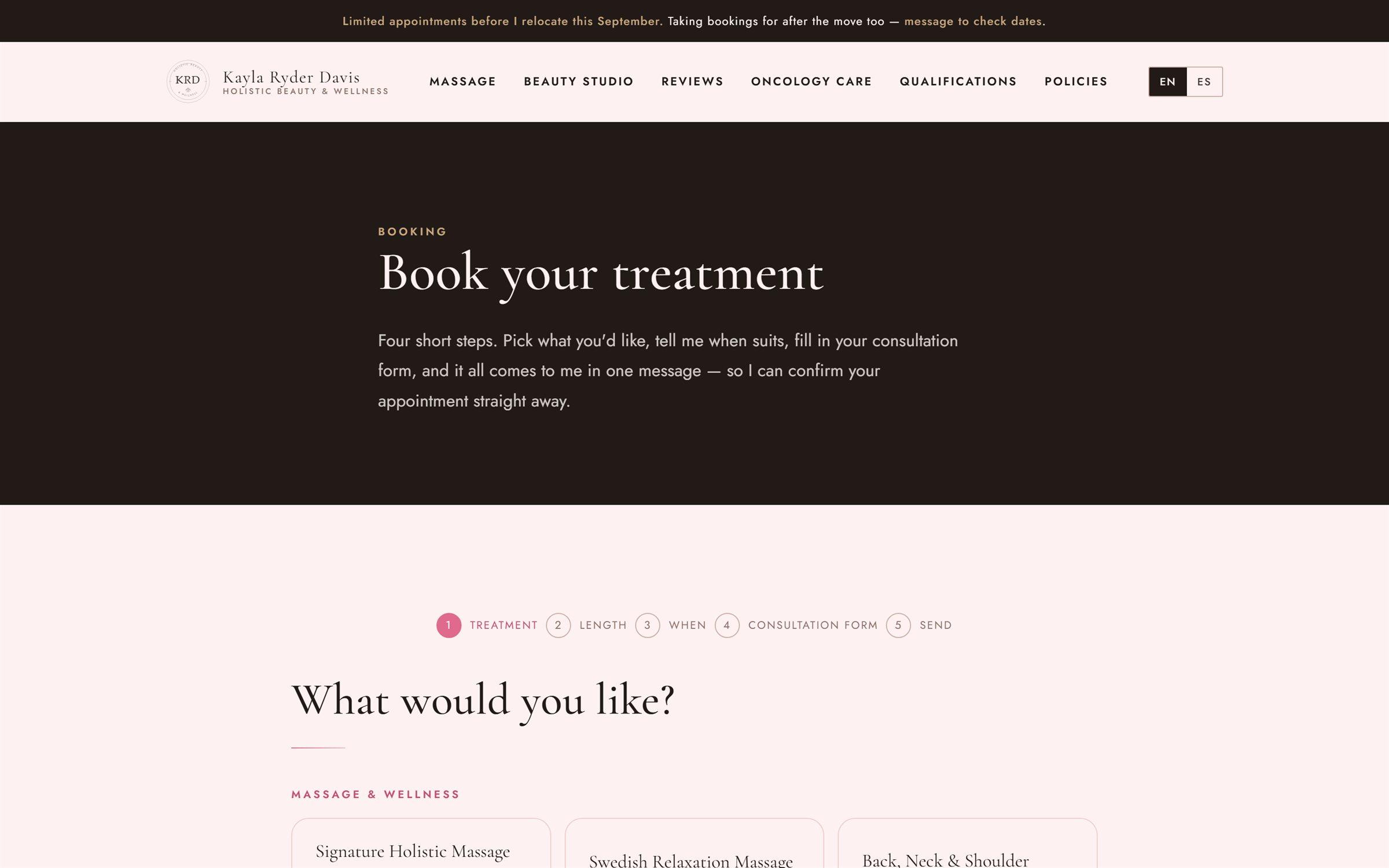 The booking page showing a five-step progress indicator: treatment, length, when, consultation form, send.